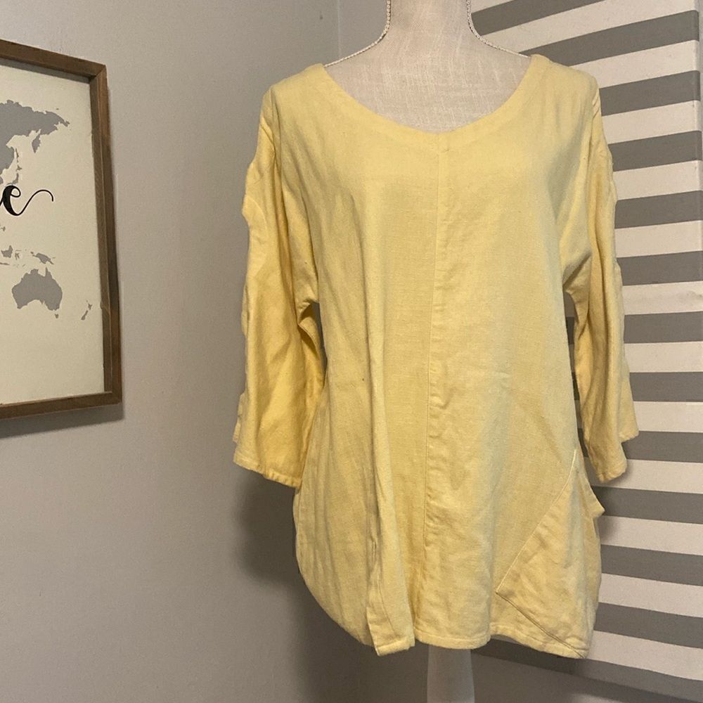 Soft Surroundings Butter Yellow 3/4 Keyhole Sleeve Pocketed Blouse See Msmts